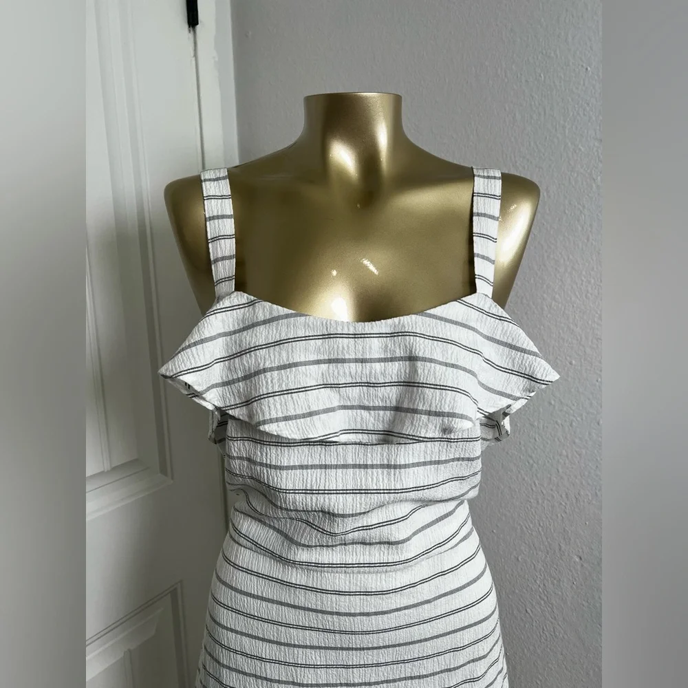 New Banana Republic Nautical Crepe Wide Strap Ruffled Belted Sun Dress Midi - Picture 2 of 10